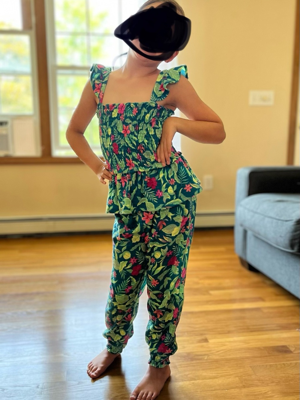 btween Green Floral Two-Piece Pajama Set with Pink Accents